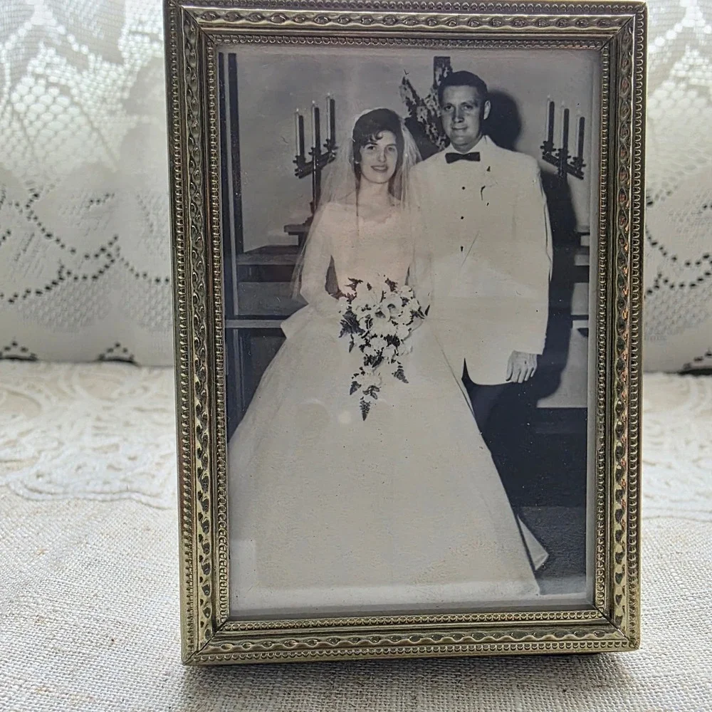 Vintage Miniature Wedding Picture Photo Framed 3x4 Gold Ornate Metal